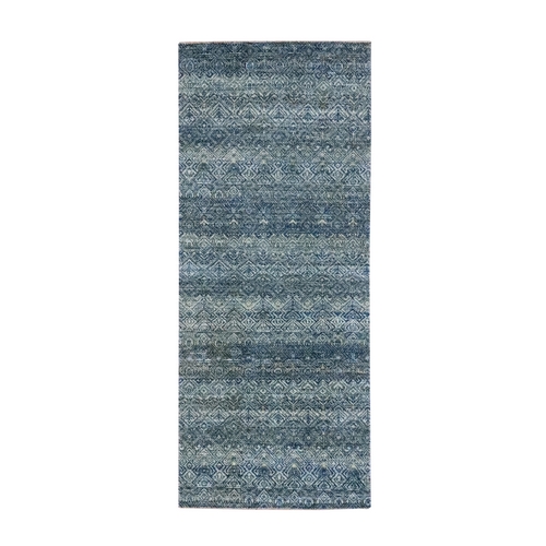 Ocean Blue, Small Geometric Repetitive Diamond Design, Tone on Tone, Kohinoor Herat Pattern, Soft Wool, Hand Knotted, Runner, Oriental 