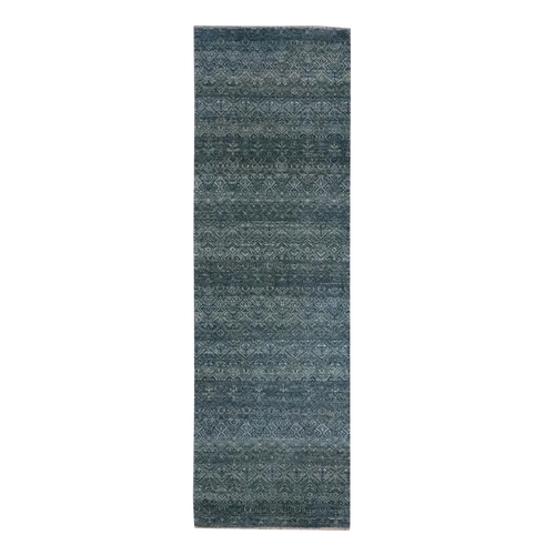 Ocean Blue, Herat Pattern, Small Geometric Repetitive Diamond Design, Soft Wool, Tone on Tone, Hand Knotted, Runner, Oriental 