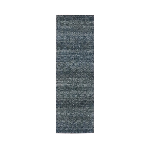 Ocean Blue, Soft Wool, Tone on Tone, Kohinoor Herat Pattern, Small Geometric Repetitive Diamond Design, Hand Knotted, Runner Oriental 