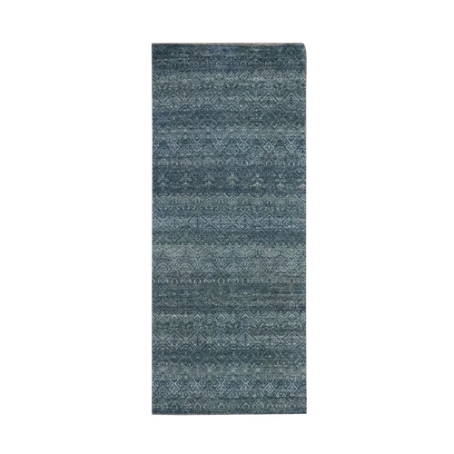 Ocean Blue, Small Geometric Repetitive Diamond Design, Hand Knotted, Kohinoor Herat Pattern, Tone on Tone, Soft Wool, Runner Oriental 