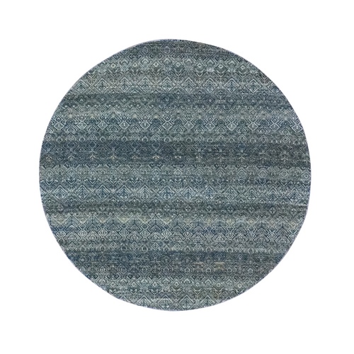 Ocean Blue, Hand Knotted, Kohinoor Herat Pattern, Soft Wool, Tone on Tone, Small Geometric Repetitive Diamond Design, Round, Oriental 