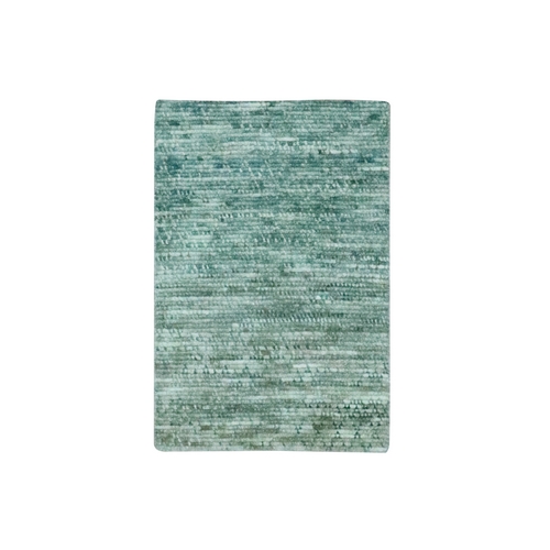 Ocean Green, Grass Design with Looped Pile, Hand Knotted, Pure Wool, Mat, Sample, Oriental 
