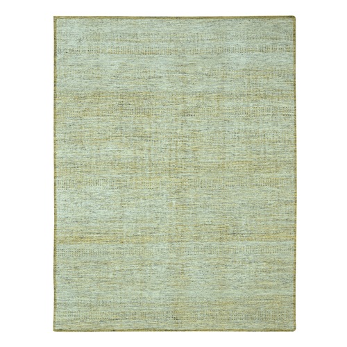 Golden Yellow with Ivory, Oxidized and Distressed Grass Design with Exposed Warps, Hand Knotted, Pure Wool, Oriental 