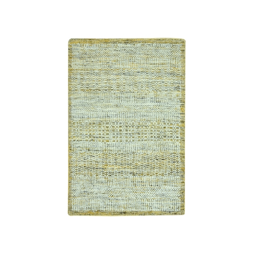 Golden Yellow, Oxidized and Distressed Grass Design with Exposed Warps, 100% Wool, Hand Knotted, Mat, Sample, Oriental 