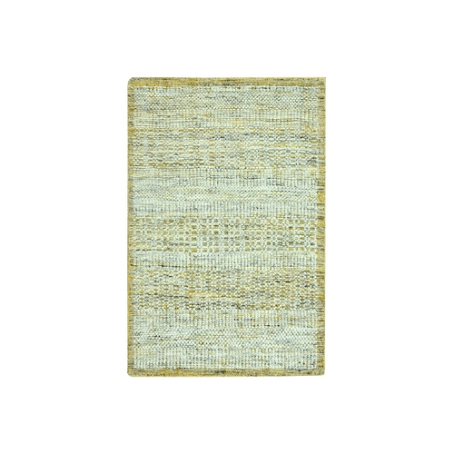 Golden Yellow, Hand Knotted, 100% Wool, Oxidized and Distressed Grass Design with Exposed Warps, Mat, Sample, Oriental 