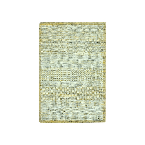 Golden Yellow, Oxidized and Distressed Grass Design with Exposed Warps, 100% Wool, Hand Knotted, Mat, Sample, Oriental 