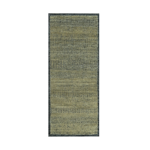 Bone Brown, Oxidized and Distressed Grass Design with Exposed Warps, 100% Wool, Hand Knotted, Runner, Oriental 