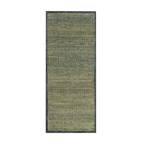 Bone Brown, 100% Wool, Oxidized and Distressed Grass Design with Exposed Warps, Hand Knotted, Runner, Oriental 