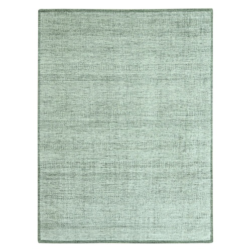 Basil Green with Ivory, Hand Knotted, Oxidized and Distressed Grass Design with Exposed Warps, 100% Wool, Oriental 