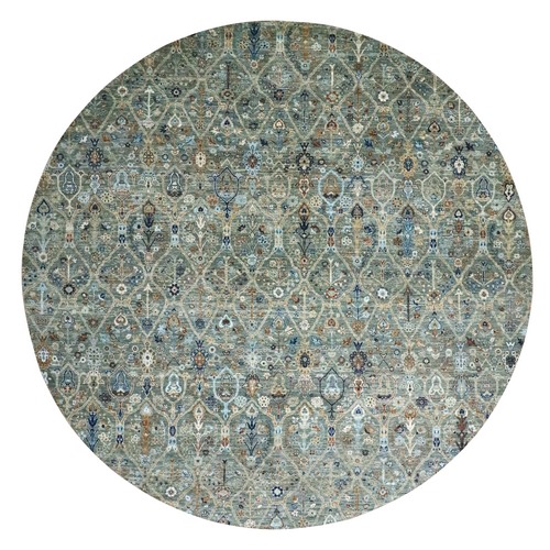 Sage Green, Trellis Borderless Garden Design, Agra, Hand Knotted, Hand Spun New Zealand Wool, Round, Oriental 