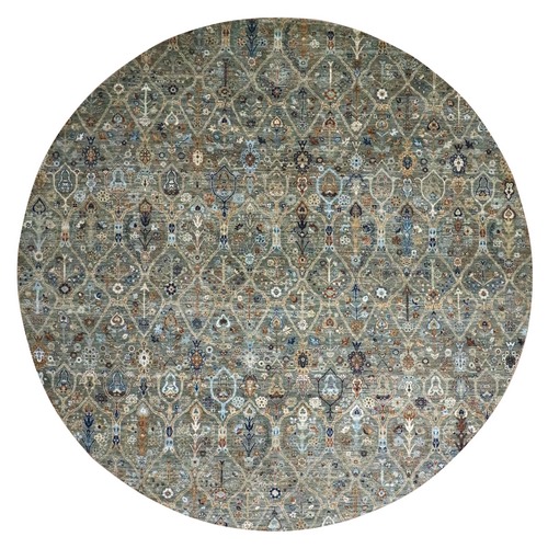Sage Green, Hand Knotted, Trellis Borderless Garden Design, Agra, Hand Spun New Zealand Wool, Round, Oriental 