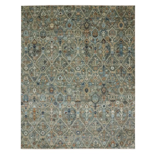 Sage Green, Trellis Borderless Garden Design, Agra, Hand Knotted, Hand Spun New Zealand Wool, Oriental 