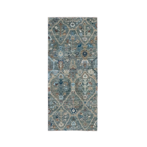 Sage Green, Hand Knotted, Trellis Borderless Garden Design, Agra, Hand Spun New Zealand Wool, Runner, Oriental 