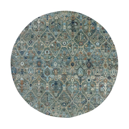 Sage Green, Hand Knotted, Trellis Borderless Garden Design, Agra, Hand Spun New Zealand Wool, Round, Oriental 