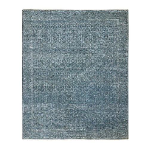 Imperial Blue, Intricate Repetitive Geometric Tree Design, Tone on Tone, Hand Knotted, Wool and Silk, Oriental 