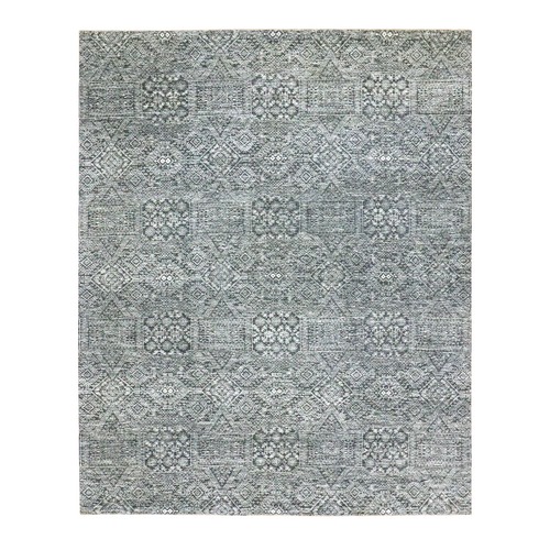 Pebble Gray, Tone on Tone, Intricate Repetitive Geometric Design, Wool and Silk, Hand Knotted, Oriental 