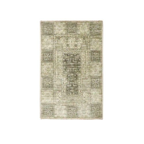 Beige, Garden Design, Tone on Tone, Hand Knotted, Pure Wool, Sample, Mat, Oriental 