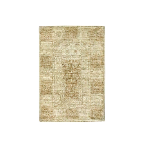 Beige, Garden Design, Tone on Tone, Hand Knotted, Pure Wool, Sample, Mat, Oriental 
