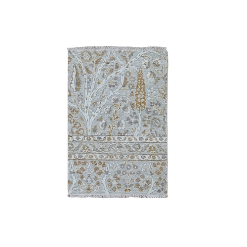 Spanish Gray, 200 KPSI, Meditation Tree of Life Design, Tone on Tone, Zero Pile, Hand Knotted, 100% Wool, Densely Woven, Sample, Mat, Oriental 