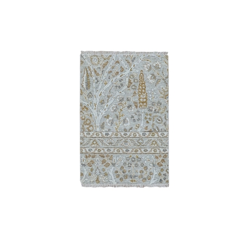 Spanish Gray, Zero Pile, 200 KPSI, Meditation Tree of Life Design, Tone on Tone, Densely Woven, Hand Knotted, 100% Wool, Sample, Mat, Oriental 