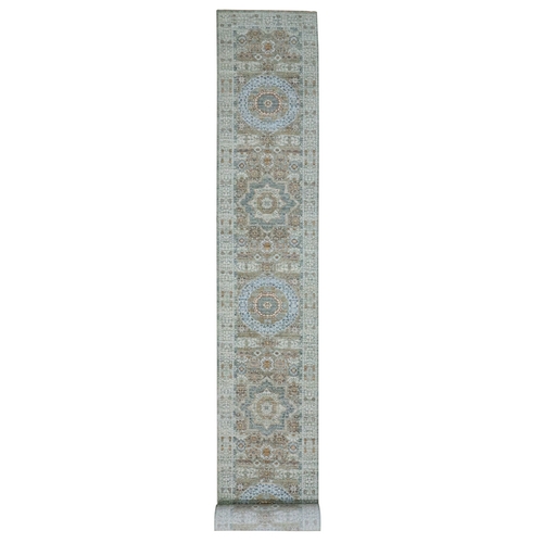 Pistachio Green, Hand Knotted, Pre Historic 14th Century Influence, Mamluk Design, Natural Dyes, Pure Wool, XL Runner, Oriental Rug 