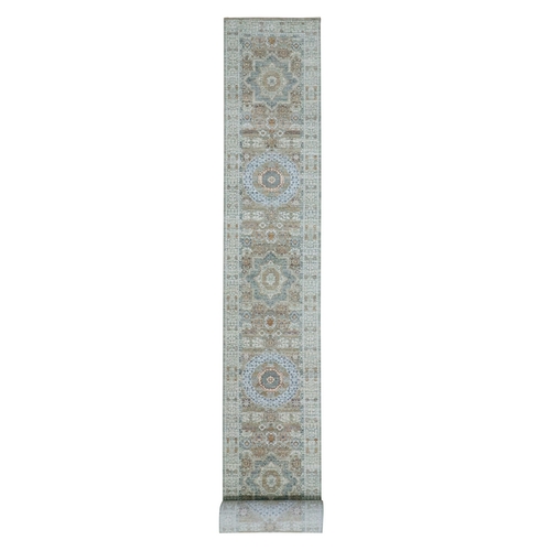 Pistachio Green, Pre Historic 14th Century Influence, Mamluk Design, Natural Dyes, Pure Wool, Hand Knotted, XL Runner, Oriental 