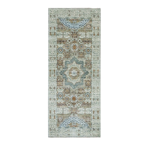 Pistachio Green, Hand Knotted, Pre Historic 14th Century Influence, Mamluk Design, Natural Dyes, Pure Wool, Narrow and Short Runner, Oriental Rug