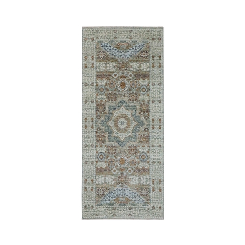 Pistachio Green, Pure Wool, Hand Knotted, Pre Historic 14th Century Influence, Mamluk Design, Natural Dyes, Narrow and Short Runner, Oriental Rug