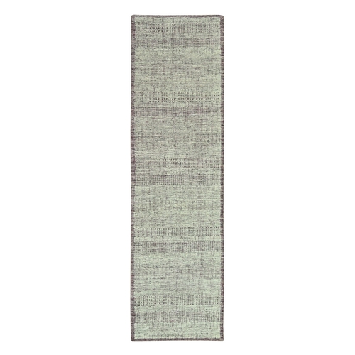 Wine Red with Ivory, Hand Knotted, 100% Wool, Oxidized and Distressed Grass Design with Exposed Warps, Narrow Runner, Oriental Rug