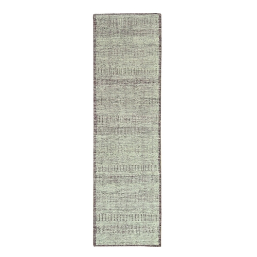 Wine Red with Ivory, Oxidized and Distressed Grass Design with Exposed Warps, 100% Wool, Hand Knotted, Narrow Runner, Oriental Rug