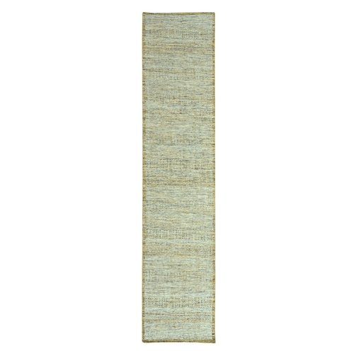 Mustard Yellow, Oxidized and Distressed Grass Design with Exposed Warps, 100% Wool, Hand Knotted, Narrow Runner, Oriental Rug