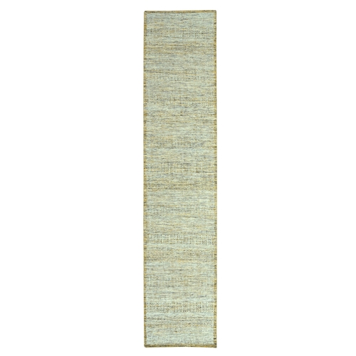 Mustard Yellow, 100% Wool, Oxidized and Distressed Grass Design with Exposed Warps, Hand Knotted, Narrow Runner, Oriental Rug