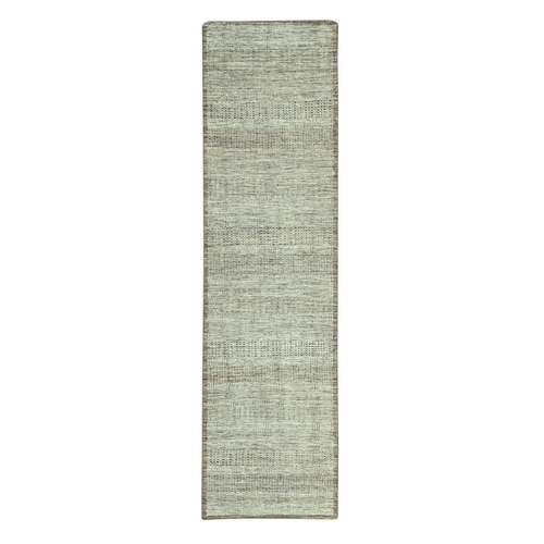 Beaver Brown with Ivory, Oxidized and Distressed Grass Design with Exposed Warps, 100% Wool, Hand Knotted, Runner, Oriental Rug