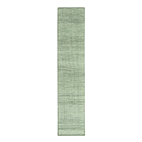 Basil Green, 100% Wool, Oxidized and Distressed Grass Design with Exposed Warps,  Hand Knotted, Runner, Oriental 
