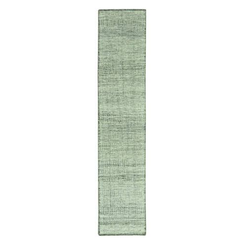 Basil Green, Hand Knotted, Oxidized and Distressed Grass Design with Exposed Warps, 100% Wool, Runner, Oriental Rug