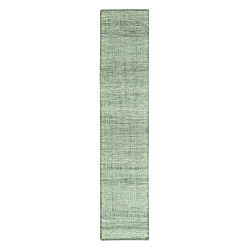 Basil Green, Oxidized and Distressed Grass Design with Exposed Warps, 100% Wool, Hand Knotted, Runner, Oriental Rug