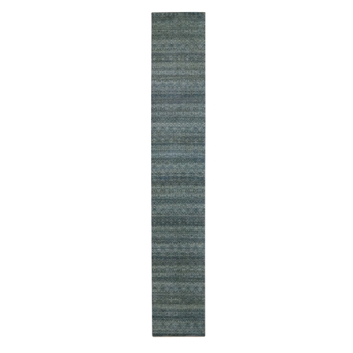 Ocean Blue, Hand Knotted, Kohinoor Herat Pattern, Small Geometric Repetitive Diamond Design, Soft Wool, Tone on Tone, XL Runner, Oriental 