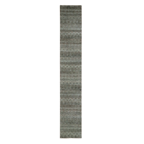 Sage Green, Tone on Tone, Hand Knotted, Kohinoor Herat Pattern, Small Geometric Repetitive Diamond Design, Soft Wool, XL Runner, Oriental Sage Green, Tone on Tone, Hand Knotted, Kohinoor Herat Pattern, Small Geometric Repetitive Diamond Design, Soft Wool, XL Runner, Oriental