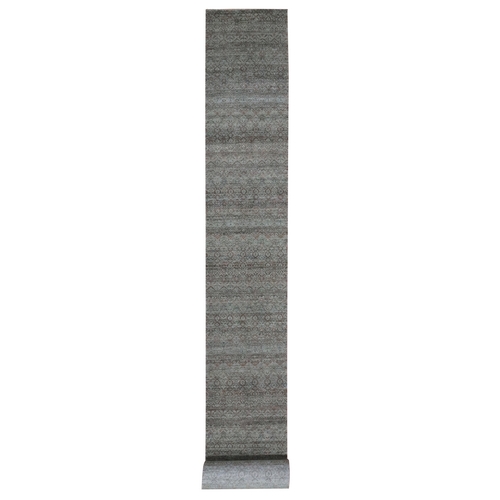 Sage Green, Kohinoor Herat Pattern, Small Geometric Repetitive Diamond Design, Hand Knotted, Soft Wool, Tone on Tone, XL Runner, Oriental 