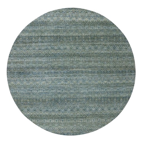 Ocean Blue, Hand Knotted, Kohinoor Herat Pattern, Small Geometric Repetitive Diamond Design, Pure Wool, Tone on Tone, Round, Oriental 
