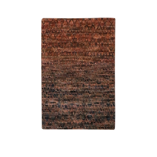 Shades of Brown, Grass Design with Looped Pile, Pure Wool, Hand Knotted, Mat, Sample, Oriental 