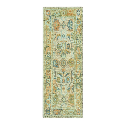 Tan Brown, Oushak with Exposed Warps, Oxidized and Distressed, Hand Knotted, Pure Wool, Wide Runner, Oriental Rug