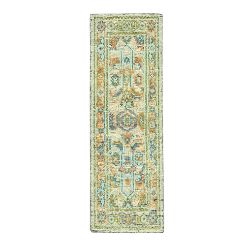 Tan Brown, Oushak with Exposed Warps, Oxidized and Distressed, Pure Wool, Hand Knotted, Runner, Oriental Rug