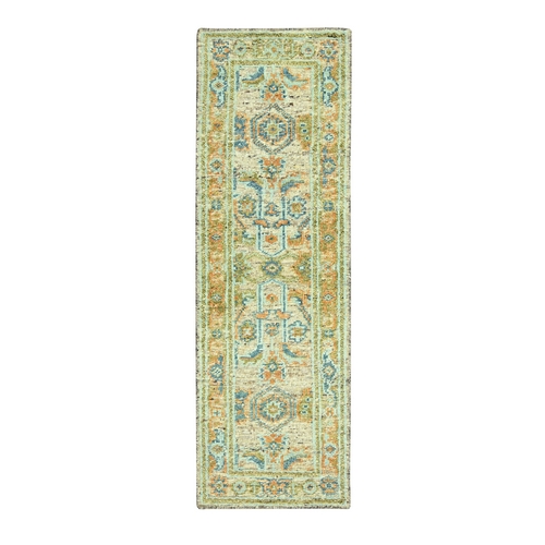 Tan Brown, Hand Knotted, Oushak with Exposed Warps, Oxidized and Distressed, Pure Wool, Runner, Oriental Rug