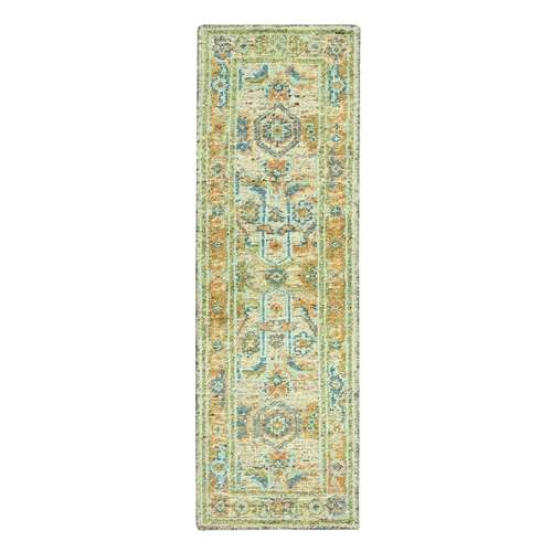 Tan Brown, Oushak with Exposed Warps, Oxidized and Distressed, Pure Wool, Hand Knotted, Runner, Oriental Rug