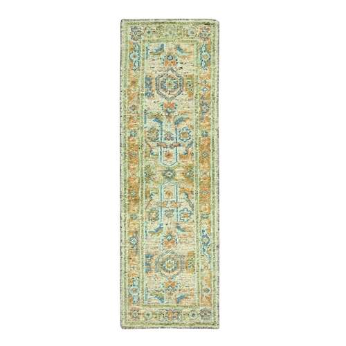 Tan Brown, Oushak with Exposed Warps, Oxidized and Distressed, Hand Knotted, Pure Wool, Runner, Oriental Rug