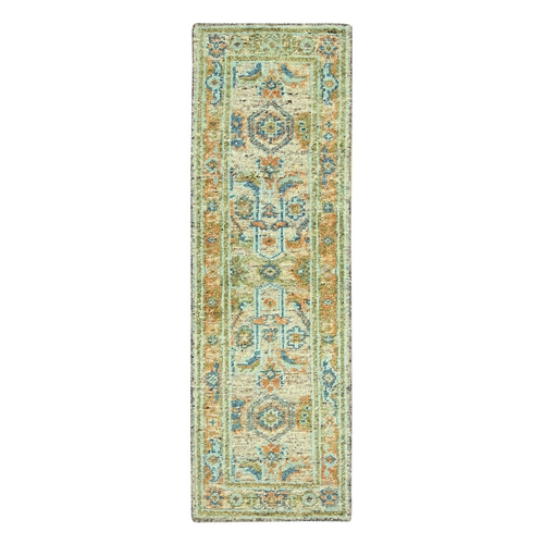 Tan Brown, Oushak with Exposed Warps, Oxidized and Distressed, Pure Wool, Hand Knotted, Runner, Oriental Rug