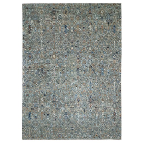 Sage Green, Hand Knotted, Trellis Borderless Garden Design, Agra, Hand Spun New Zealand Wool, Oriental Rug