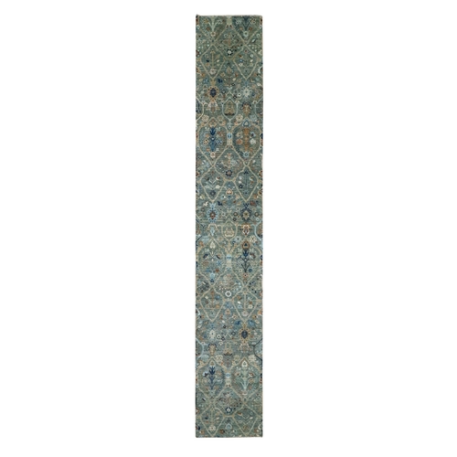 Sage Green, Hand Spun New Zealand Wool, Trellis Borderless Garden Design, Agra, Hand Knotted, XL Runner, Oriental Rug