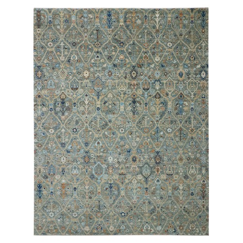 Sage Green, Hand Knotted, Trellis Borderless Garden Design, Agra, Hand Spun New Zealand Wool, Oriental Rug